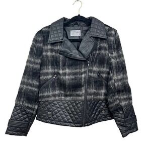 Ruff Hewn Grey Wool Blend Jacket Coat Faux Leather Quilted Lined‎ Women Size M